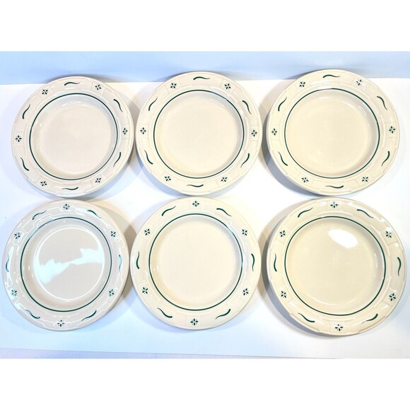 6 Longaberger Pottery Bread & Butter Dessert Plates 7 1/4”Woven Traditions Green - Picture 1 of 6